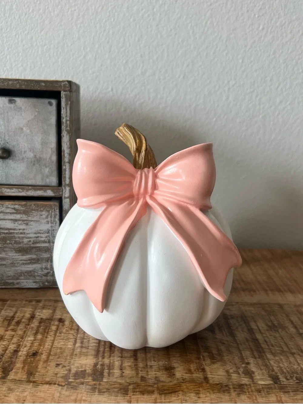 New Decorative White Pumpkin with Pink Bow